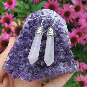 Rose Quartz Crystal Point Earrings in Silver