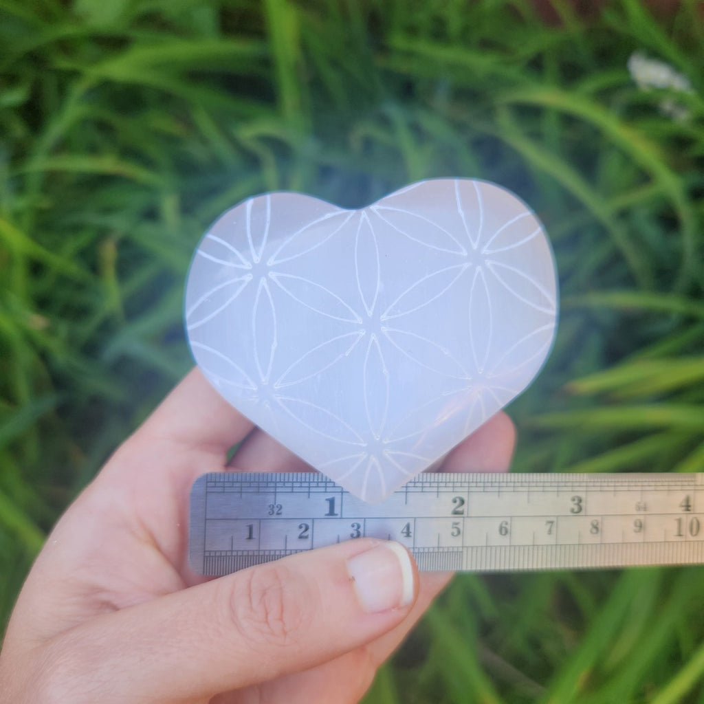 Selenite Crystal Heart Stone w/ Flower of Life Etching