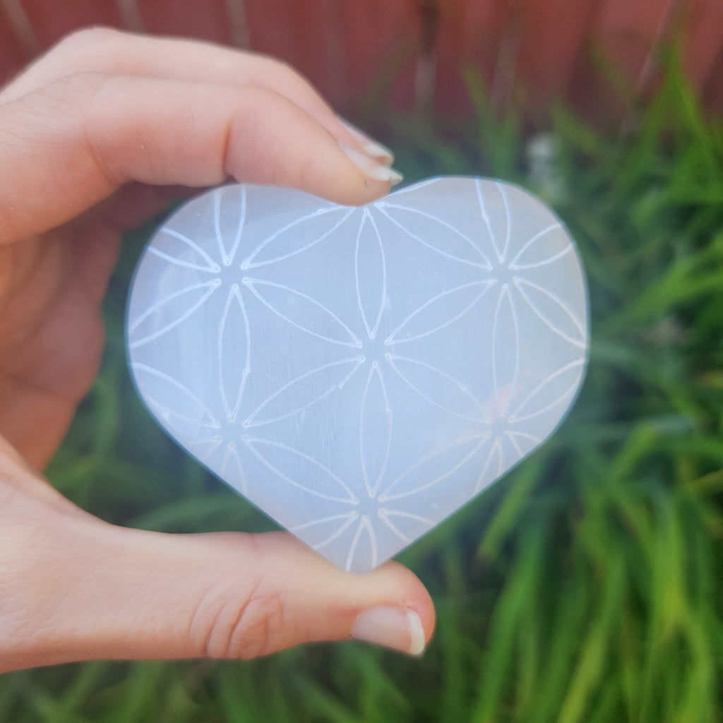 Selenite Crystal Heart Flower of Life Etched Stone