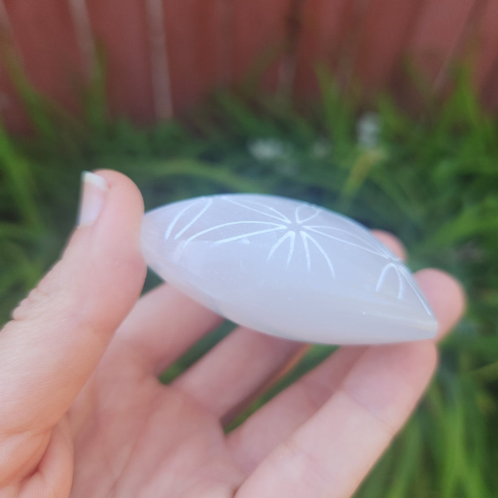 Selenite Crystal Heart w/ Flower of Life Etching