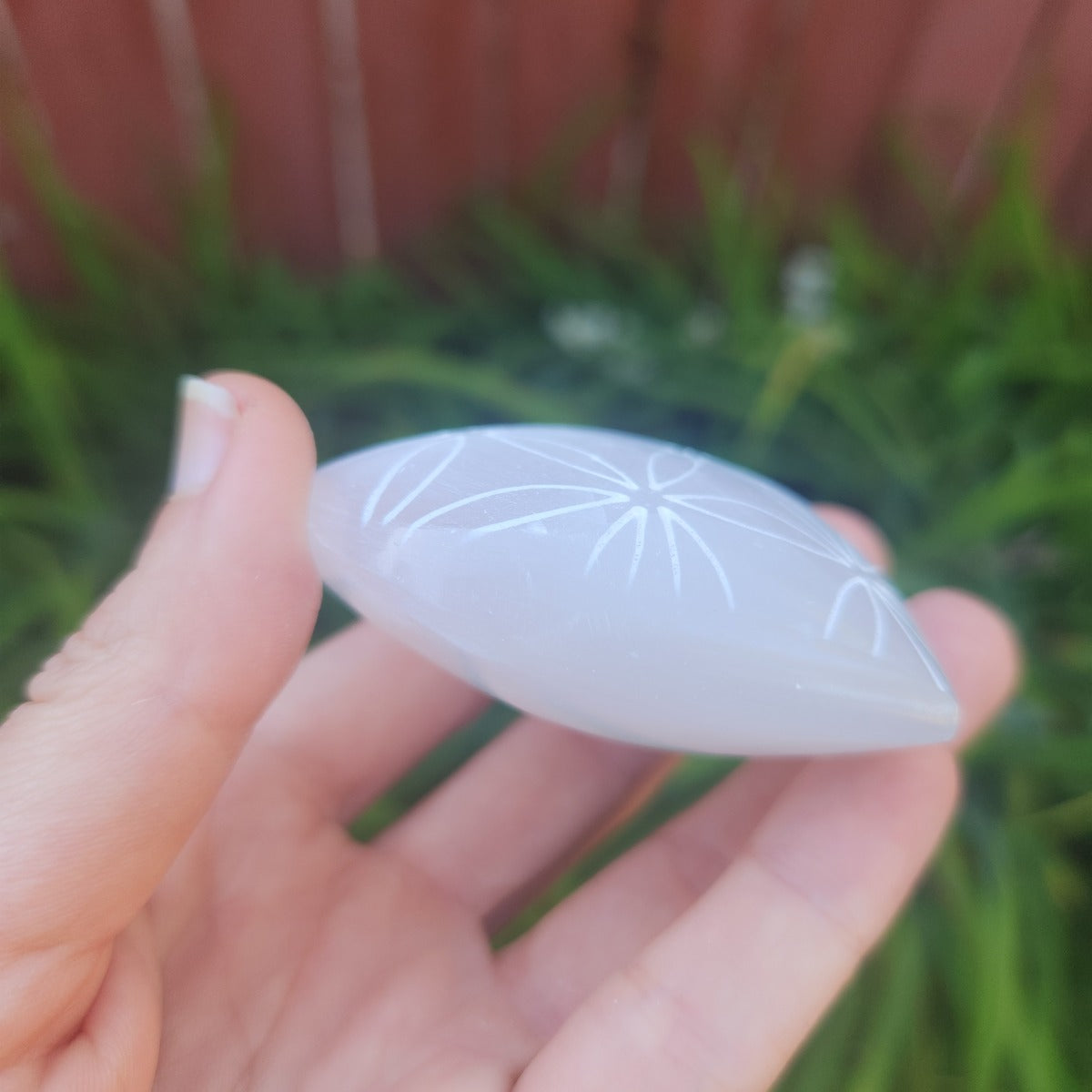 Selenite Crystal Heart w/ Flower of Life Etching