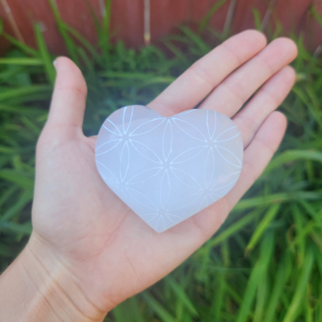 Selenite Crystal Heart Flower of Life Etching