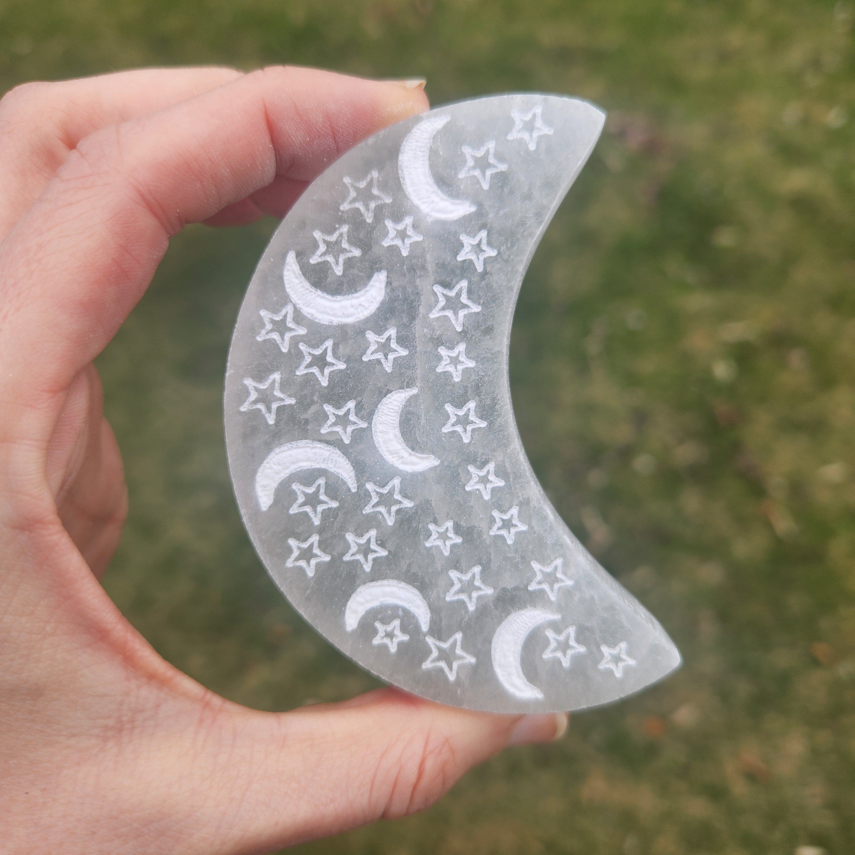 Selenite Crystal Moon with Etched Moon and Stars
