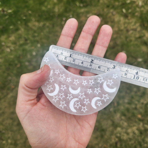 Selenite Moon Crystal Charging Plate w/ Etched Moon and Stars