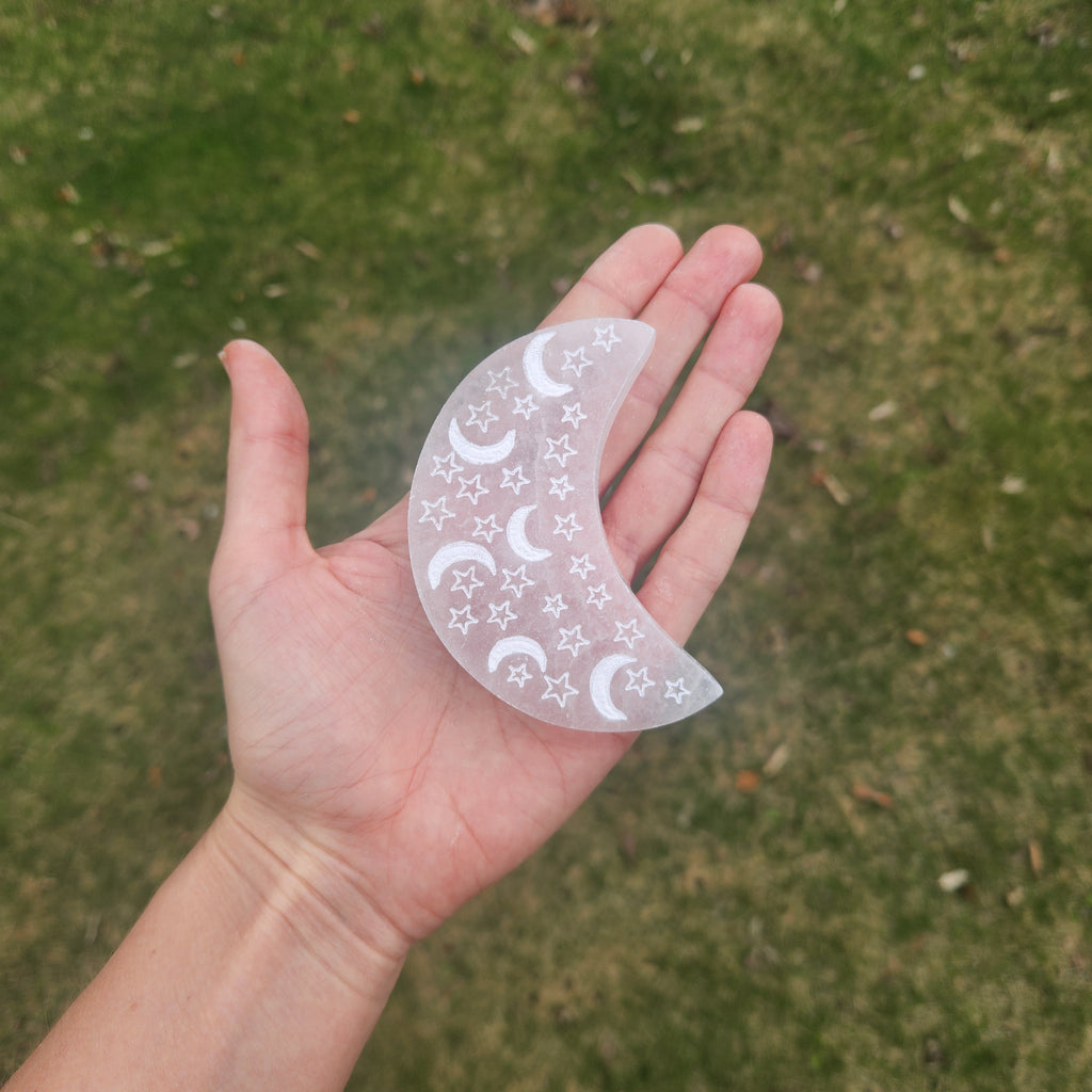 Selenite Moon Crystal Charging Plate w/ Etched Moon and Stars