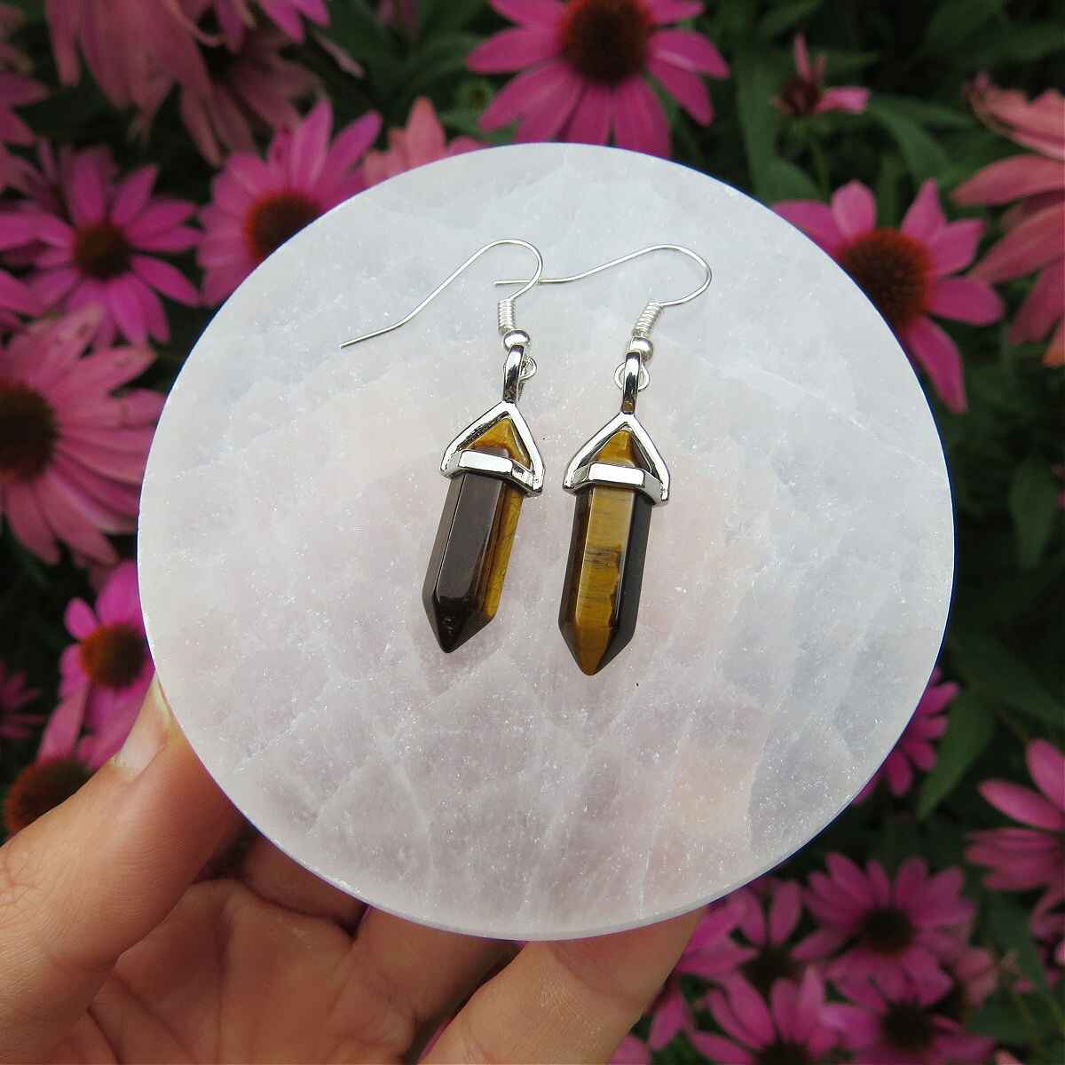 Tigers Eye Crystal Point Earrings in Silver