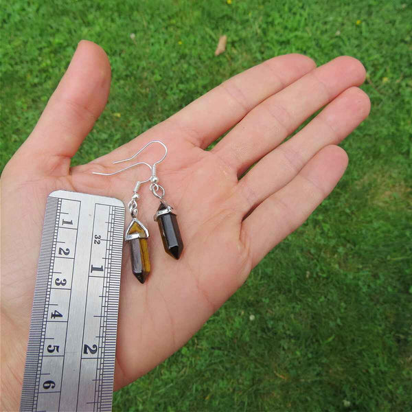 Tigers Eye Crystal Earrings in Silver - Mini Crystal Point Earrings