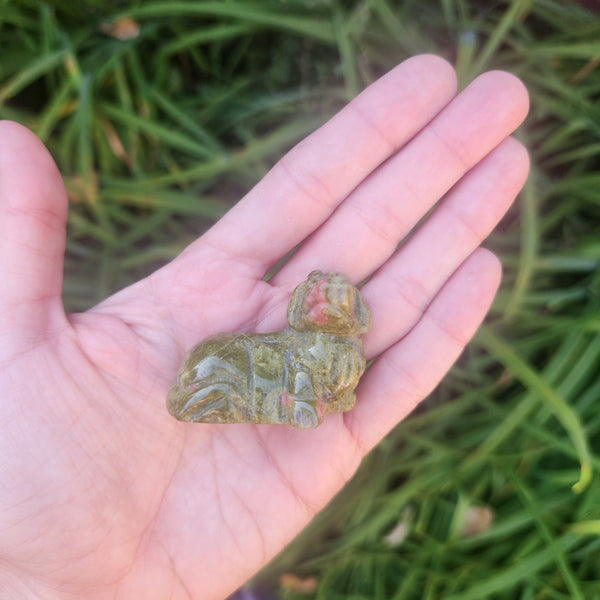 Dachshund Crystal Dog Figurine 1.75" Unakite Carved Stone Animal