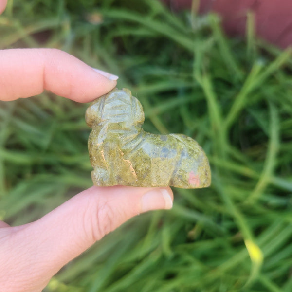 Dachshund Crystal Dog Figurine 1.75" Unakite Carved Stone Animal