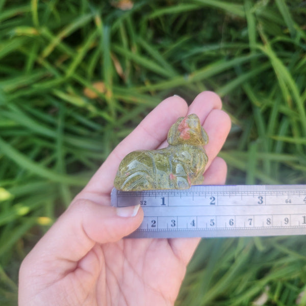 Dachshund Crystal Dog Figurine 1.75" Unakite Carved Stone Animal