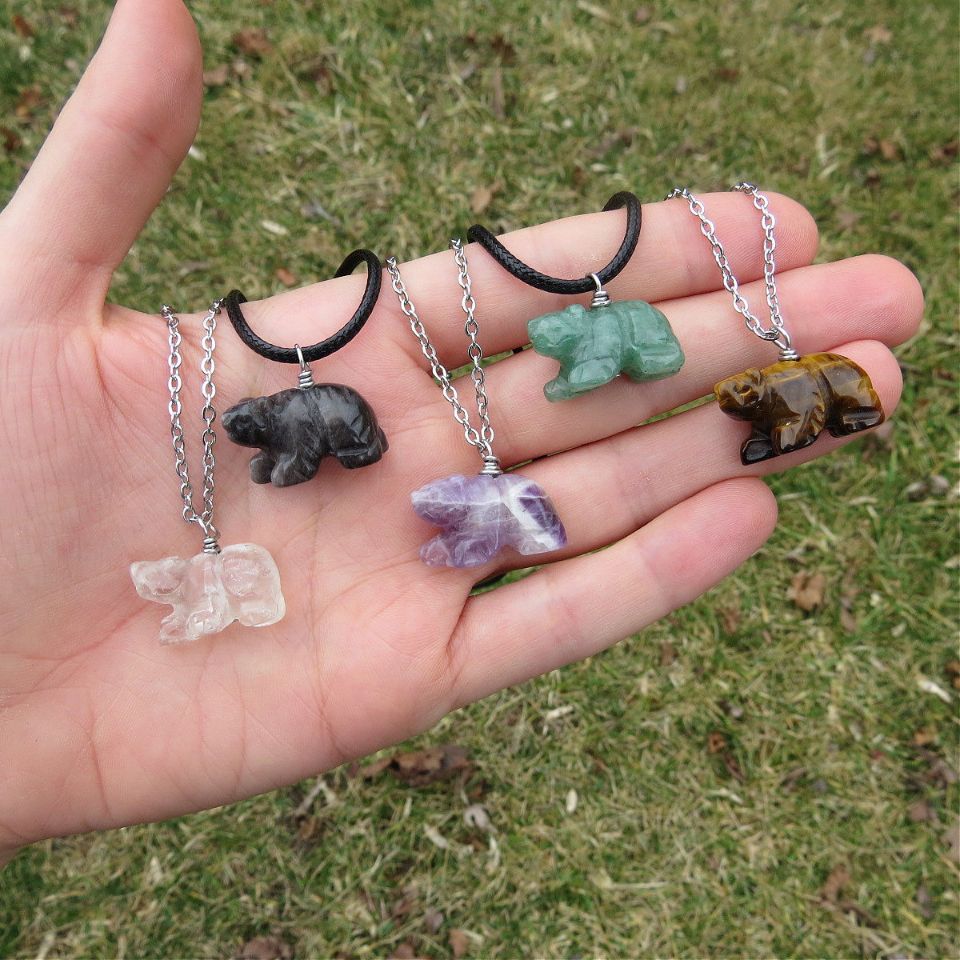 Mini Crystal Bear Necklace | Carved Stone Bear Animal Necklace