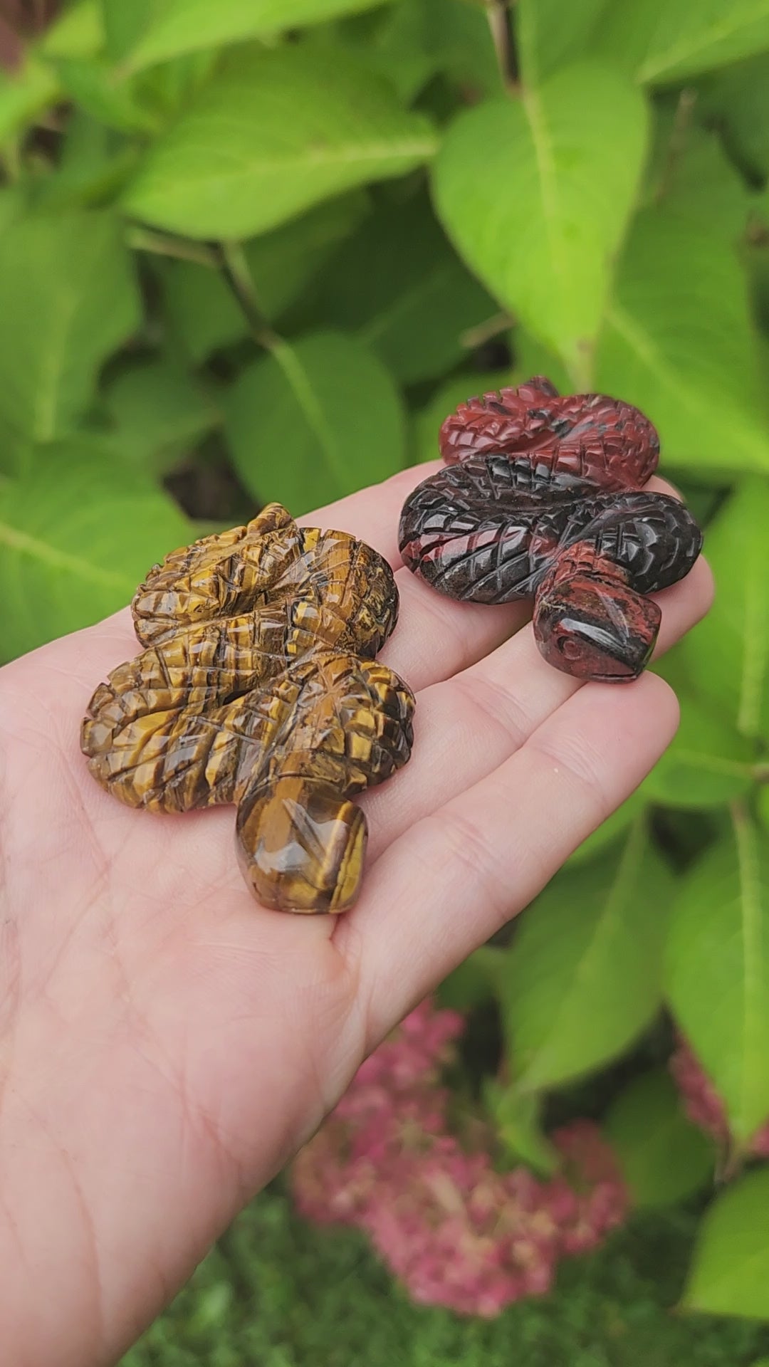 Crystal Snake Animal Stone Carvings - Red Jasper and Tigers Eye