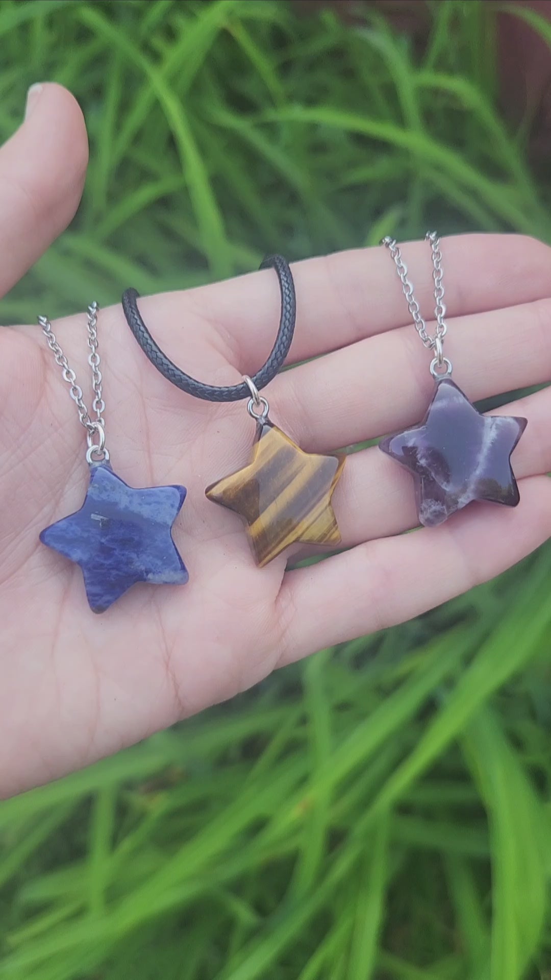 Crystal Star Necklaces in Sodalite, Tigers Eye, and Amethyst Stone