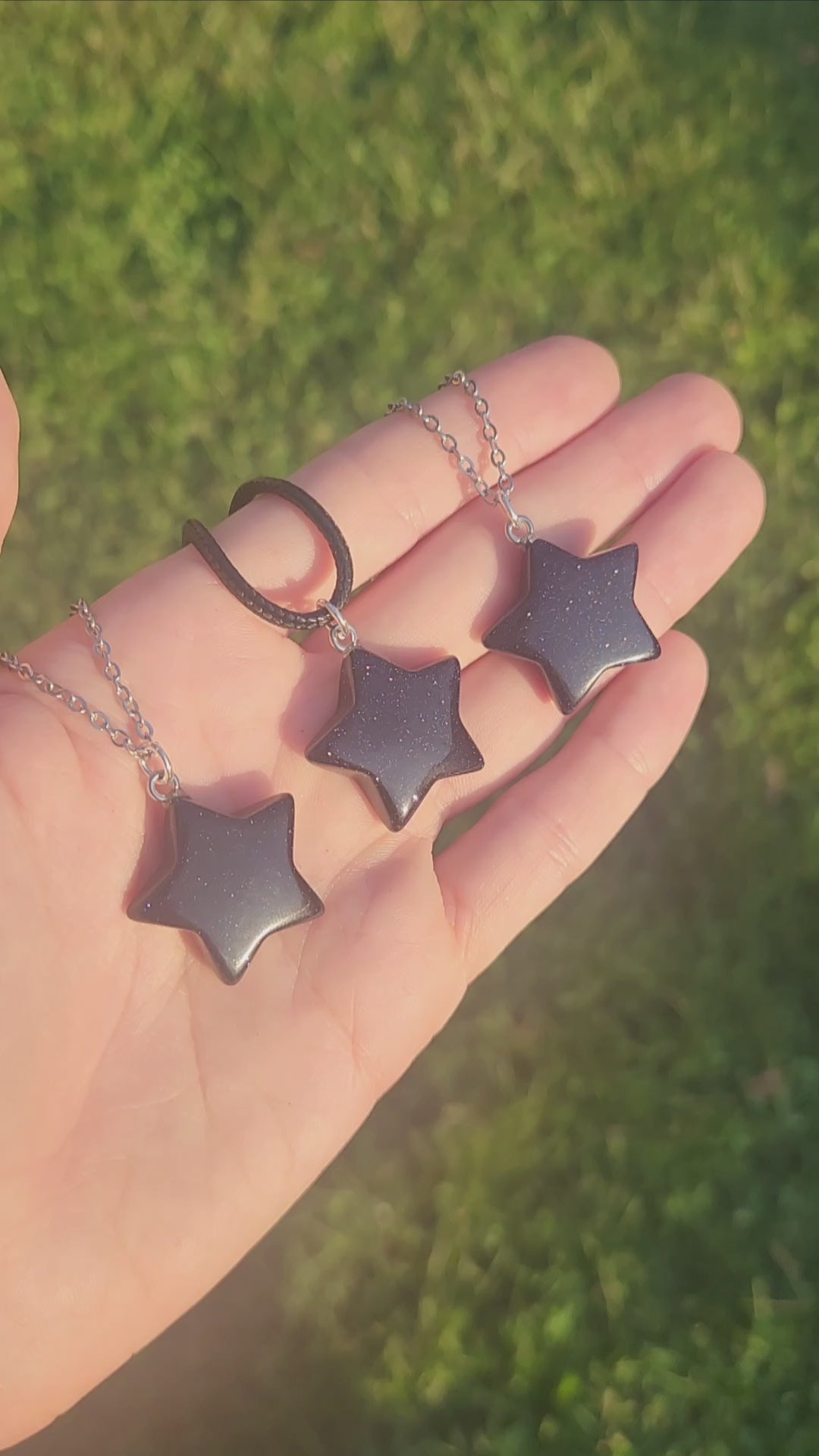 Blue Goldstone Crystal Star Necklaces Stainless Steel and Black Cord