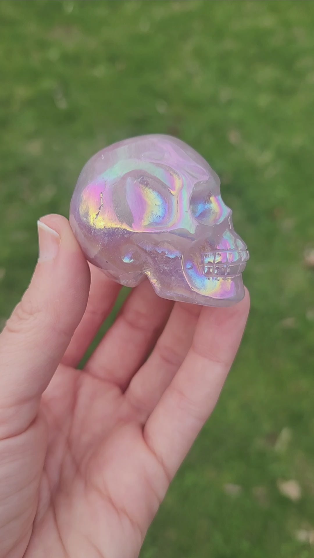 Pink Rainbow Aura Rose Quartz Crystal Skull Carving 2"