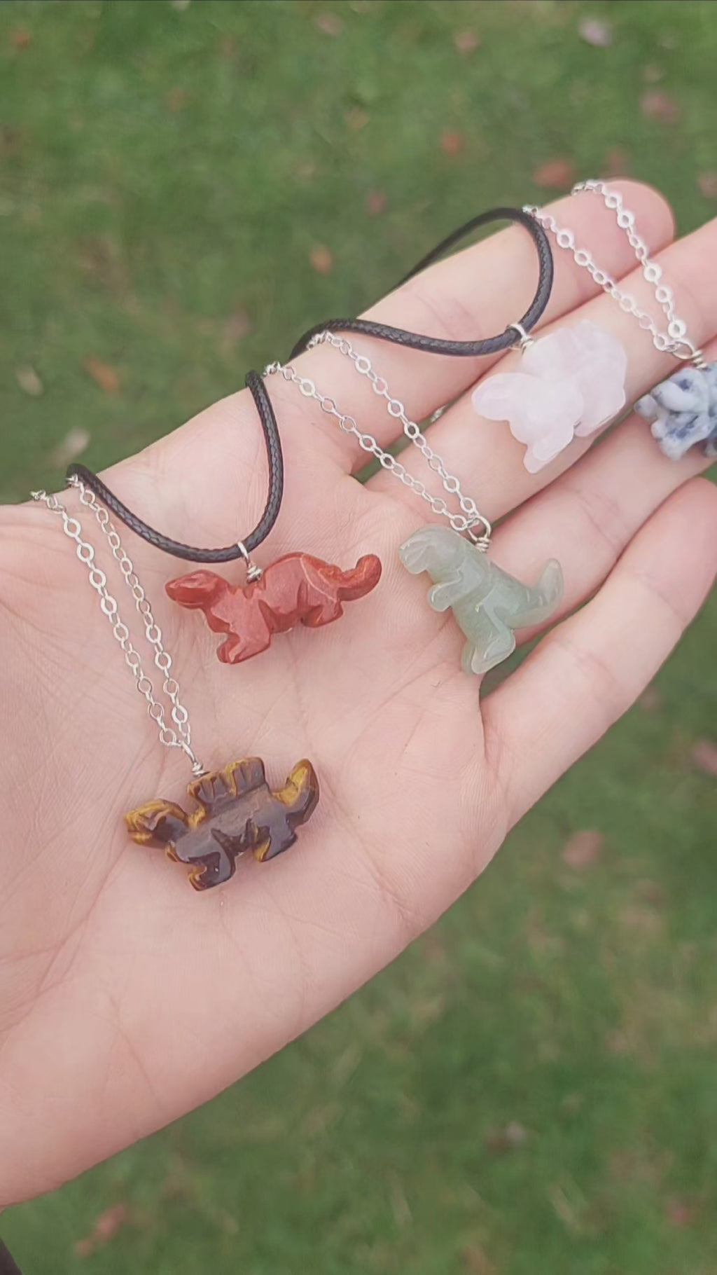 Crystal Dinosaur Necklace Carved Stone T-Rex, Stegosaurus, Triceratops, and Brontosaurus