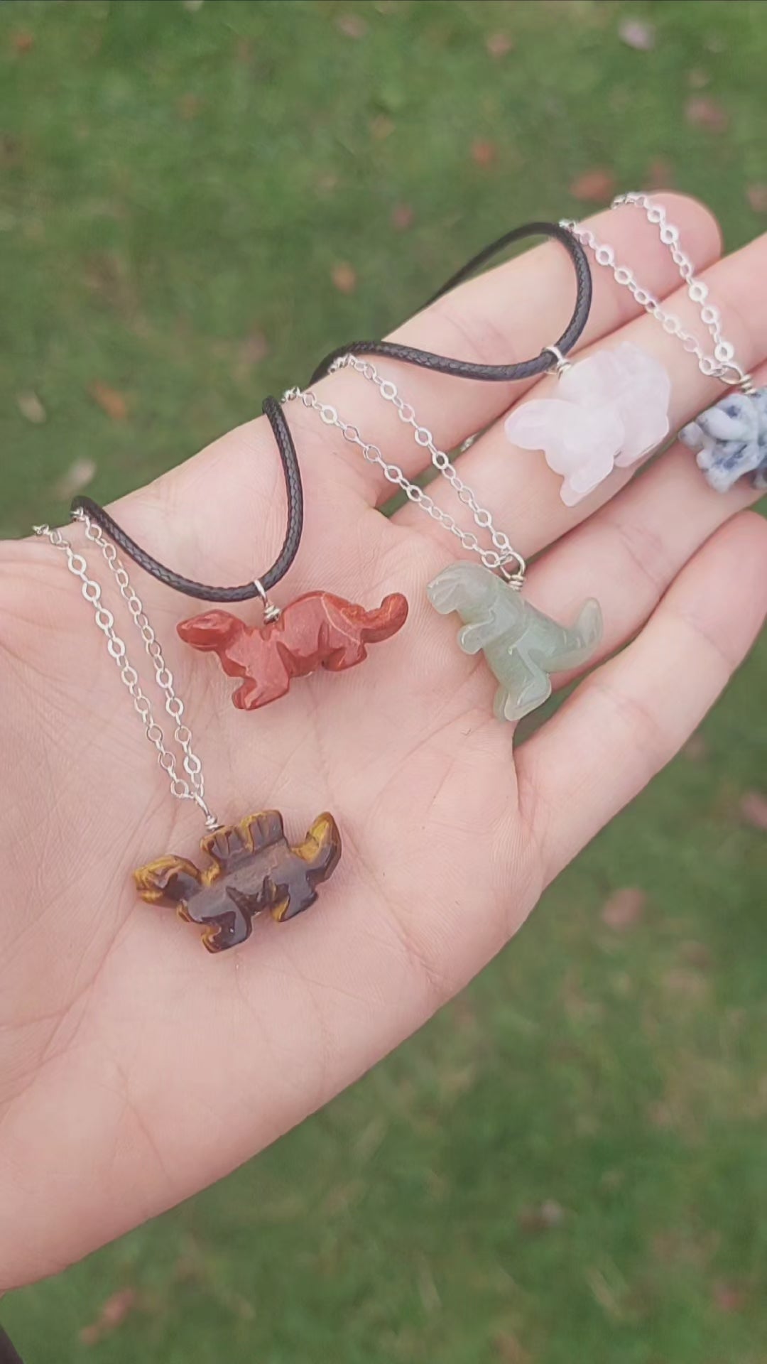 Crystal Dinosaur Necklace Carved Stone T-Rex, Stegosaurus, Triceratops, and Brontosaurus