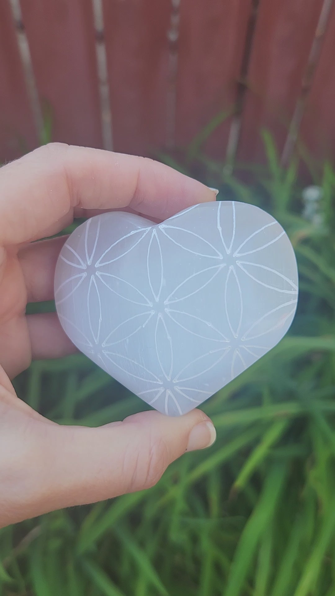 Selenite Crystal Heart w/ Flower of Life Etching