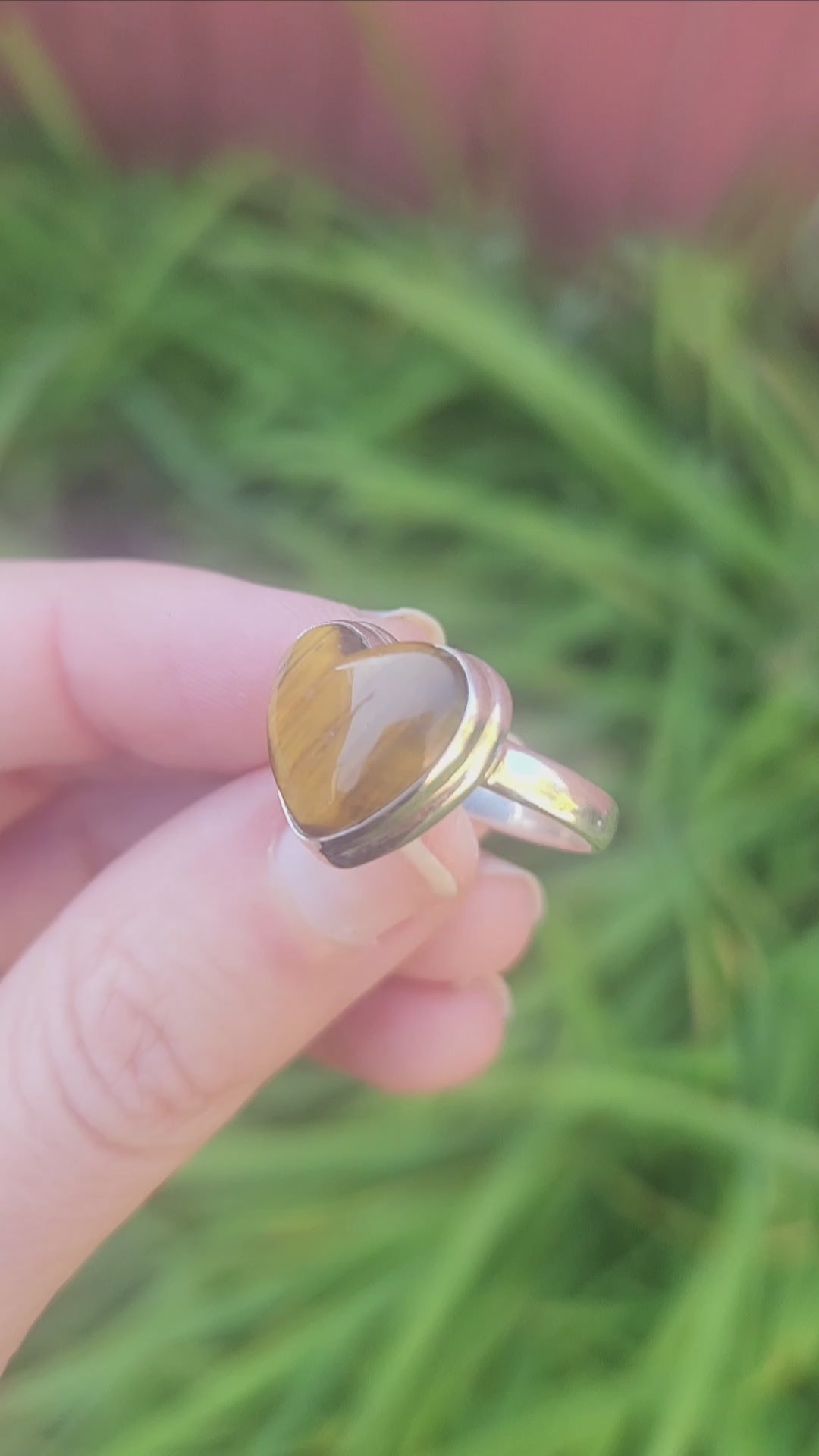 Tigers Eye Crystal Heart Ring Sterling Silver Solitaire Stone