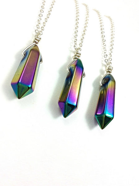 Titanium Rainbow Hematite Necklace | Rainbow Aura Crystal Point Necklace