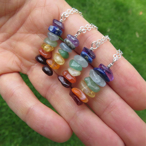 7 Chakra Necklace Sterling Silver | Chakra Crystal Necklace w/ Stone Chips