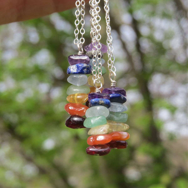 7 Chakra Necklace Sterling Silver | Chakra Crystal Necklace w/ Stone Chips