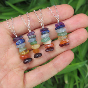 7 Chakra Necklace Sterling Silver | Chakra Crystal Necklace w/ Stone Chips