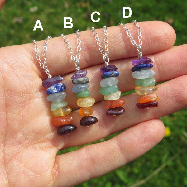 7 Chakra Necklace Sterling Silver | Chakra Crystal Necklace w/ Stone Chips