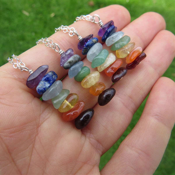 7 Chakra Necklace Sterling Silver | Chakra Crystal Necklace w/ Stone Chips