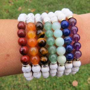 White Chakra Bracelet w/ Crystal Healing Stones | 7 Chakra Bracelet Set ite (Lt. Blue) / Silver / 7.5 Large