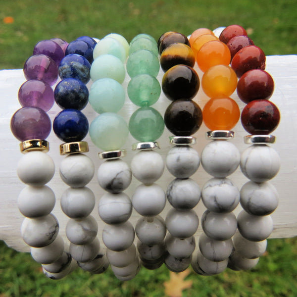 White Chakra Bracelet + Crystal Healing Stone of Choice | 7 Chakra Bracelet Set