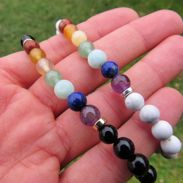 7 Chakra Bracelet w/ Crystal Healing Stone Beads in Black or White