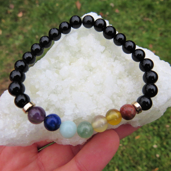 Black Onyx 7 Chakra Bracelet - Black Beaded Stone Rainbow Bracelet