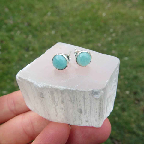 Blue Amazonite Crystal Stud Earrings in Sterling Silver