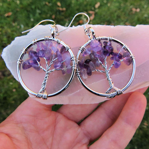 Amethyst Crystal Tree of Life Earrings in Silver