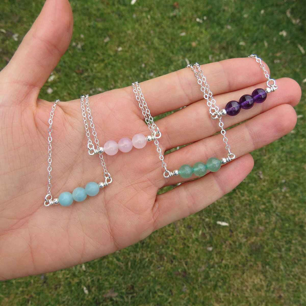 3 Stone Beaded Crystal Necklace Sterling Silver