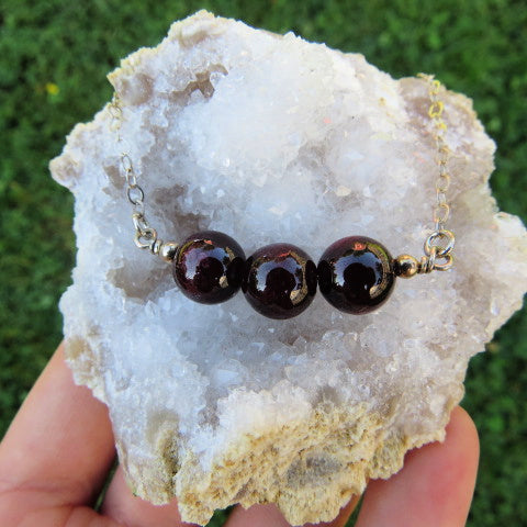 Red Garnet Necklace - Sterling Silver - 3 Stone Beads