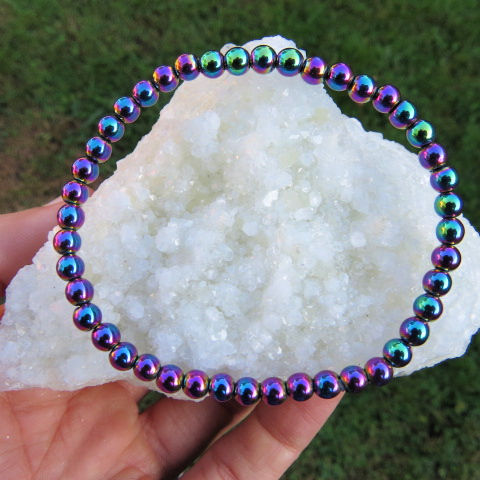 Rainbow Hematite Bracelet w/ Round Crystal Beads
