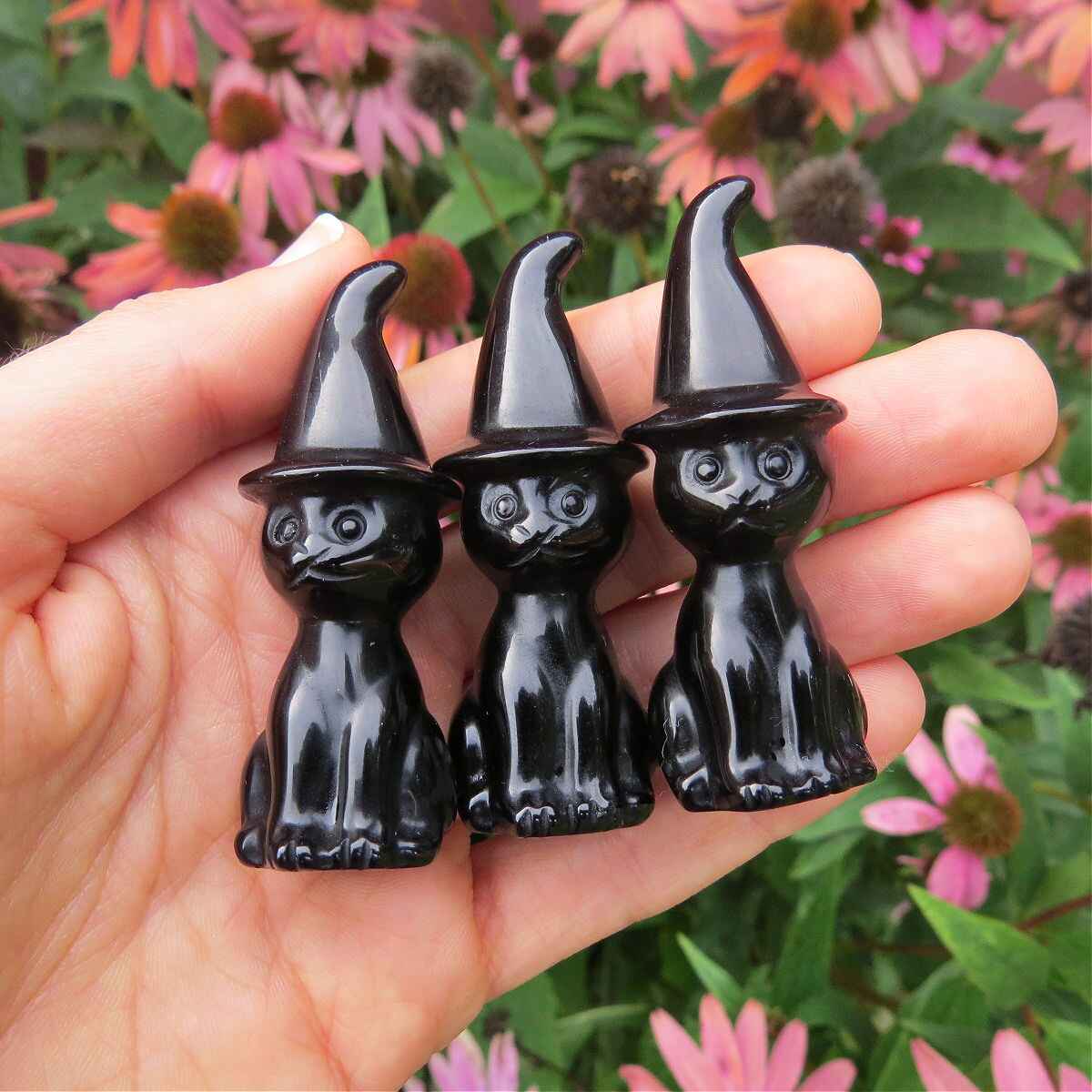 Black Obsidian Cat in Witch Hat Crystal Carving