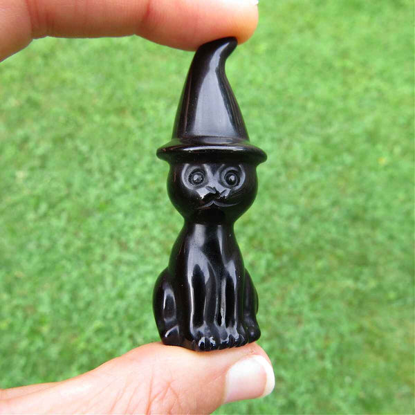 Black Obsidian Crystal Cat in Witch Hat Halloween Crystal