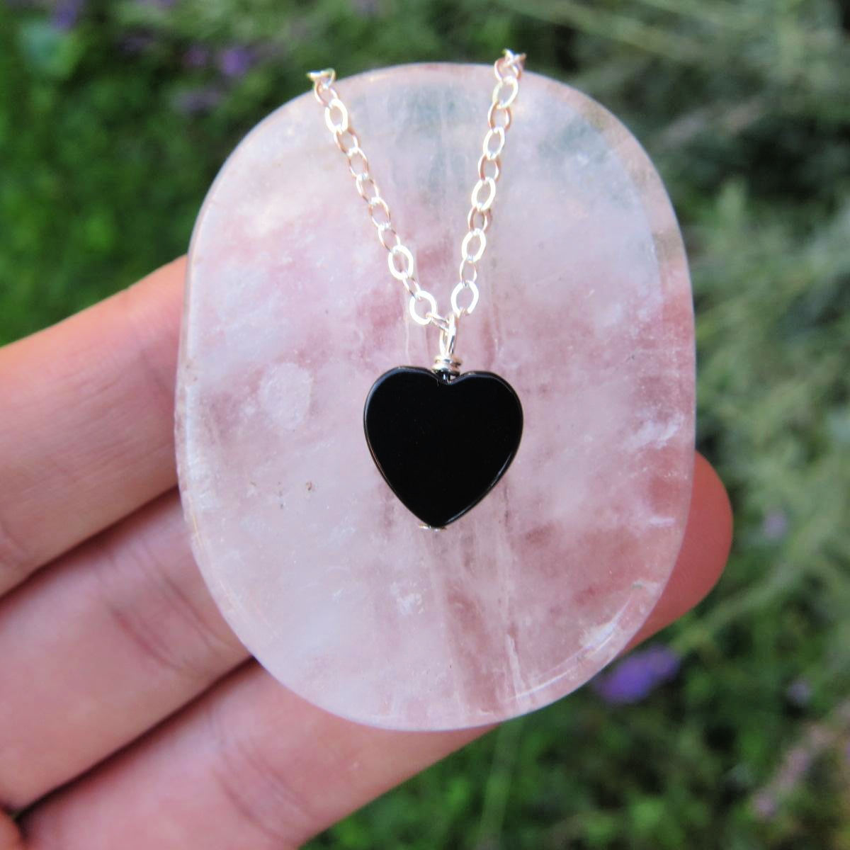 Black Onyx Crystal Heart Necklace - Heart Stone Necklace