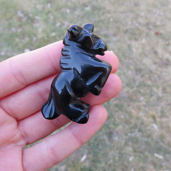 Black Unicorn Crystal Figurine 2" } Obsidian Stone Animal Carving