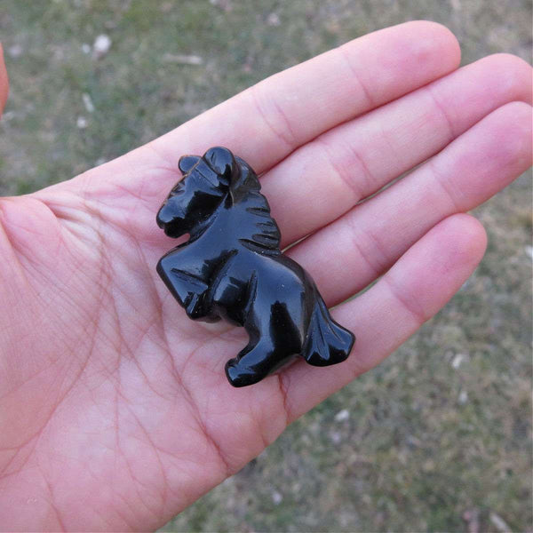 Black Unicorn Crystal Figurine 2" } Obsidian Stone Animal Carving