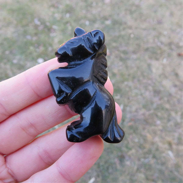 Black Unicorn Crystal Figurine 2" } Obsidian Stone Animal Carving