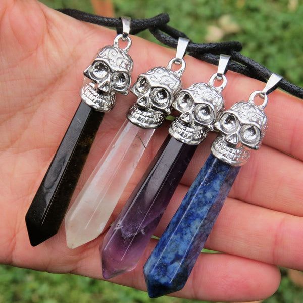 Crystal Skull Necklace w/ Stone Point w/ Black Cord - Tigers Eye, Quartz, Amethyst, Lapis Lazuli