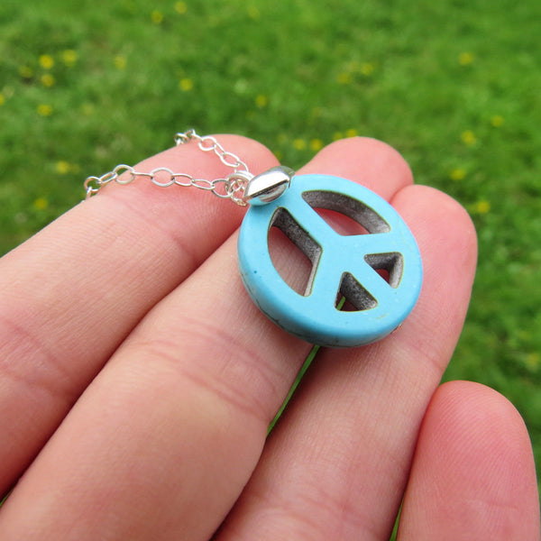 Blue Howlite Crystal Peace Sign Necklace | Peace & Love Necklace