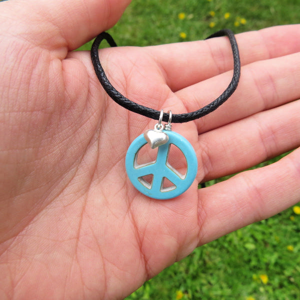 Blue Howlite Crystal Peace Sign Necklace | Peace & Love Necklace
