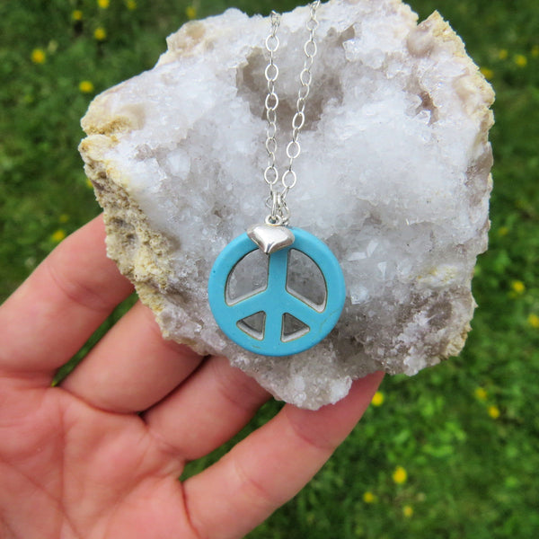 Blue Peace and Love Crystal Peace Sign Necklace Sterling Silver