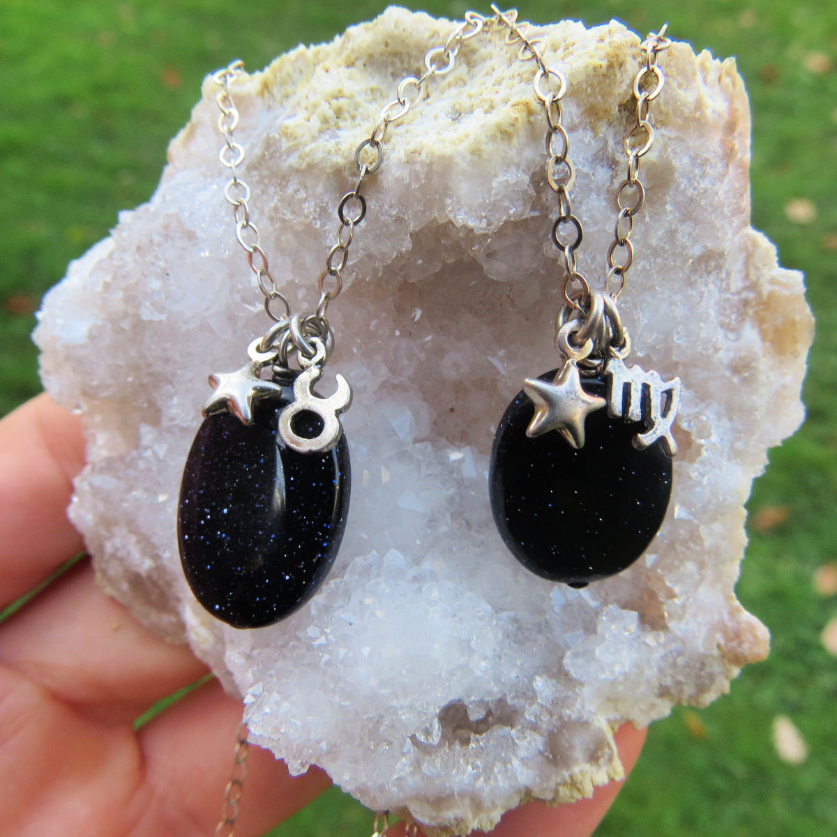 Blue Goldstone Crystal Zodiac Sign Necklace - Taurus - Virgo Zodiac Charms