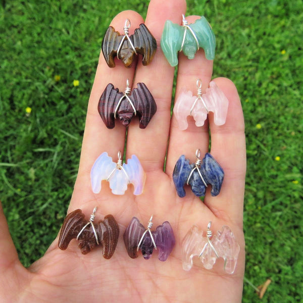 Crystal Bat Pendants -  Carved Stone Bats